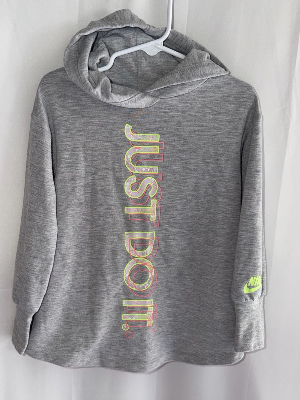 Nike Kids Gray Hooded Sweatshirt with Neon 'Just Do It' Graphic